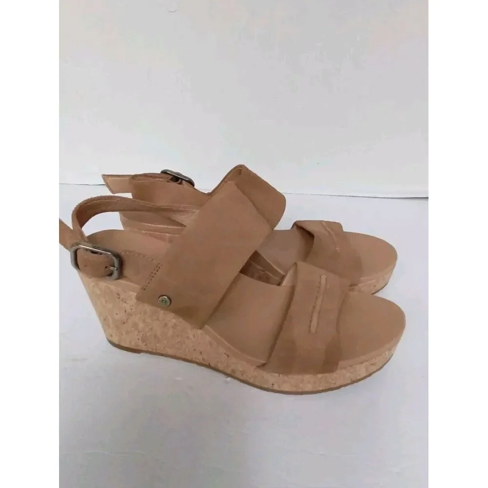 Wedge Sandals Suede Leather Ankle Strap Cork Platform Tan‎ Size 8